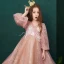 Victorian Style Pearl Pink Birthday Flower Girl Dresses 2020 Princess V-Neck Puffy Long Sleeve Backless Appliques Lace Beading Glitter Tulle Feather Sweep Train Ruffle