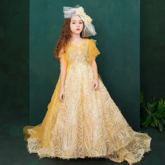 Chic Beautiful Yellow Birthday Flower Girl Dresses With Shawl 2020 Ball Gown Scoop Neck Sleeveless Backless Appliques Lace Sequins Rhinestone Sweep Train Ruffle