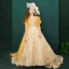 Schöne Gelb Geburtstag Blumenmädchenkleider Mit Schal 2020 Ballkleid Rundhalsausschnitt Ärmellos Rückenfreies Applikationen Spitze Pailletten Strass Sweep / Pinsel Zug Rüschen