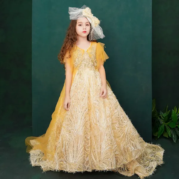 Chic / Beautiful Yellow Birthday Flower Girl Dresses With Shawl 2020 Ball Gown Scoop Neck Sleeveless Backless Appliques Lace Sequins Rhinestone Sweep Train Ruffle