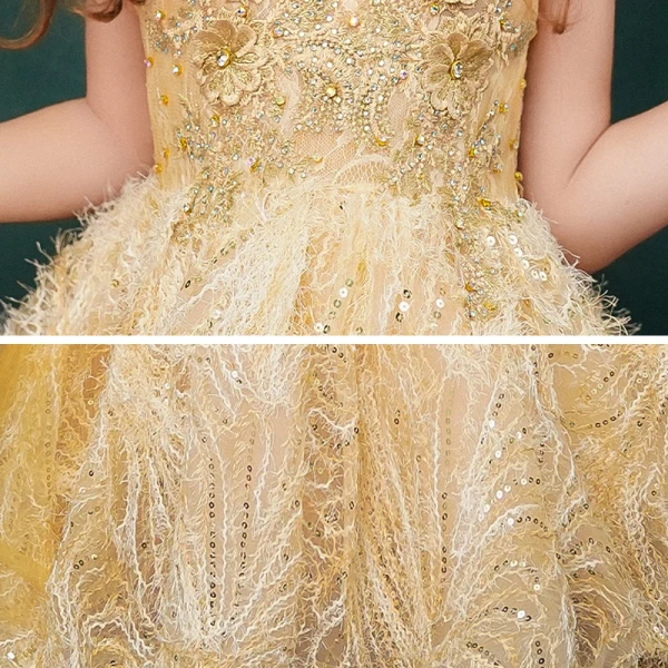 Schöne Gelb Geburtstag Blumenmädchenkleider Mit Schal 2020 Ballkleid Rundhalsausschnitt Ärmellos Rückenfreies Applikationen Spitze Pailletten Strass Sweep / Pinsel Zug Rüschen