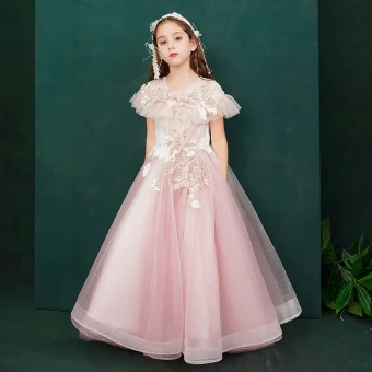 Élégant Rose Bonbon Anniversaire Robe Ceremonie Fille 2020 Princesse Encolure Dégagée Manches Courtes Fleur Appliques En Dentelle Perlage Perle Longue Volants