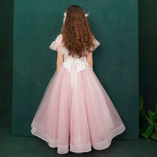 Elegant Candy Pink Birthday Flower Girl Dresses 2020 A-Line / Princess Scoop Neck Short Sleeve Flower Appliques Lace Beading Pearl Floor-Length / Long Ruffle