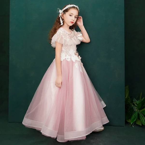 Elegant Candy Pink Birthday Flower Girl Dresses 2020 A-Line / Princess Scoop Neck Short Sleeve Flower Appliques Lace Beading Pearl Floor-Length / Long Ruffle