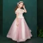 Elegant Candy Pink Birthday Flower Girl Dresses 2020 A-Line / Princess Scoop Neck Short Sleeve Flower Appliques Lace Beading Pearl Floor-Length / Long Ruffle