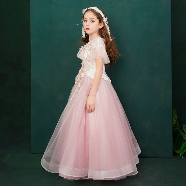Elegant Candy Pink Birthday Flower Girl Dresses 2020 A-Line / Princess Scoop Neck Short Sleeve Flower Appliques Lace Beading Pearl Floor-Length / Long Ruffle