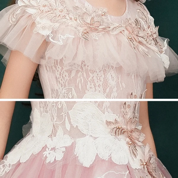 Elegant Candy Pink Birthday Flower Girl Dresses 2020 A-Line / Princess Scoop Neck Short Sleeve Flower Appliques Lace Beading Pearl Floor-Length / Long Ruffle