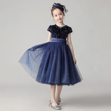 Ciel Étoilé Bleu Marine Robe Ceremonie Fille 2020 Princesse Encolure Dégagée Manches Courtes Ceinture Étoile Paillettes Perle Courte Volants
