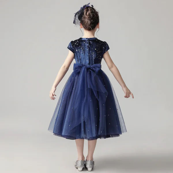 Starry Sky Navy Blue Flower Girl Dresses 2020 A-Line / Princess Scoop Neck Short Sleeve Sash Star Sequins Pearl Short Ruffle