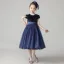 Starry Sky Navy Blue Flower Girl Dresses 2020 A-Line / Princess Scoop Neck Short Sleeve Sash Star Sequins Pearl Short Ruffle