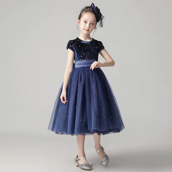 Starry Sky Navy Blue Flower Girl Dresses 2020 A-Line / Princess Scoop Neck Short Sleeve Sash Star Sequins Pearl Short Ruffle