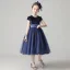 Starry Sky Navy Blue Flower Girl Dresses 2020 A-Line / Princess Scoop Neck Short Sleeve Sash Star Sequins Pearl Short Ruffle