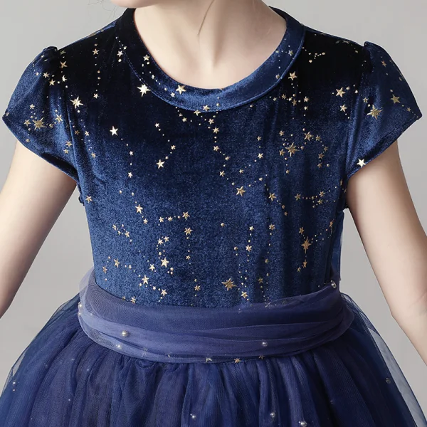 Starry Sky Navy Blue Flower Girl Dresses 2020 A-Line / Princess Scoop Neck Short Sleeve Sash Star Sequins Pearl Short Ruffle