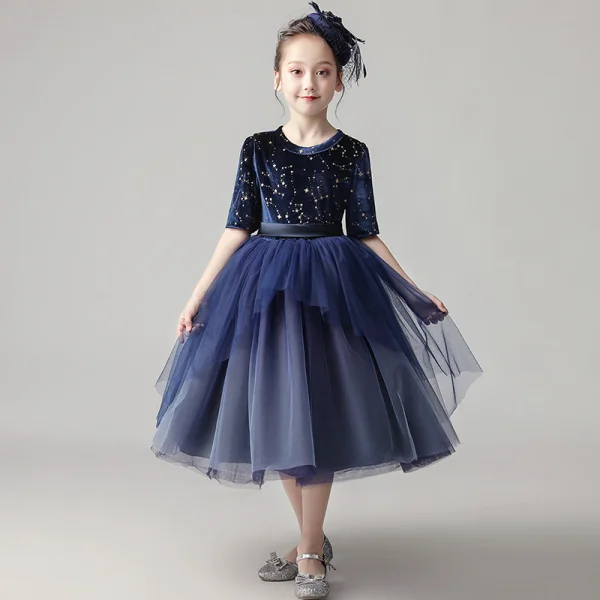 Chic / Beautiful Navy Blue Birthday Flower Girl Dresses 2020 Ball Gown Scoop Neck 1/2 Sleeves Sash Star Sequins Short Ruffle