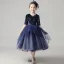 Chic / Beautiful Navy Blue Birthday Flower Girl Dresses 2020 Ball Gown Scoop Neck 1/2 Sleeves Sash Star Sequins Short Ruffle