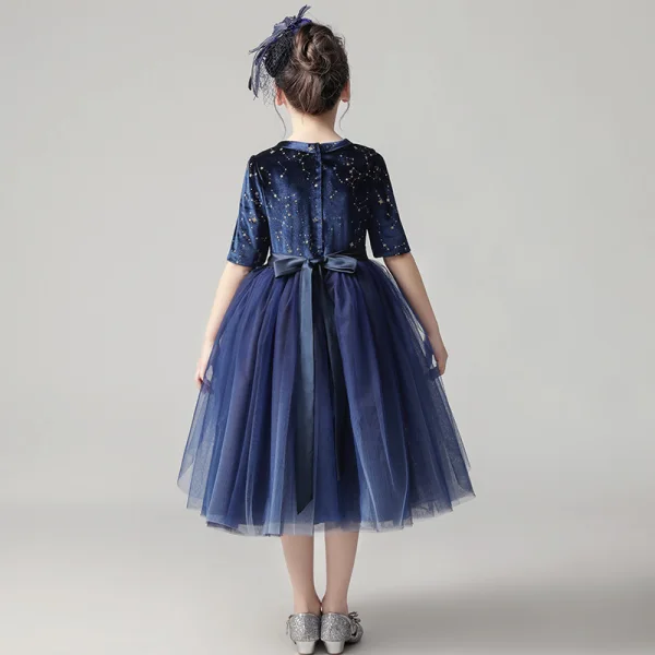Chic / Beautiful Navy Blue Birthday Flower Girl Dresses 2020 Ball Gown Scoop Neck 1/2 Sleeves Sash Star Sequins Short Ruffle
