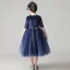Chic / Beautiful Navy Blue Birthday Flower Girl Dresses 2020 Ball Gown Scoop Neck 1/2 Sleeves Sash Star Sequins Short Ruffle
