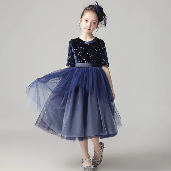 Chic / Beautiful Navy Blue Birthday Flower Girl Dresses 2020 Ball Gown Scoop Neck 1/2 Sleeves Sash Star Sequins Short Ruffle