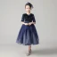 Chic / Beautiful Navy Blue Birthday Flower Girl Dresses 2020 Ball Gown Scoop Neck 1/2 Sleeves Sash Star Sequins Short Ruffle