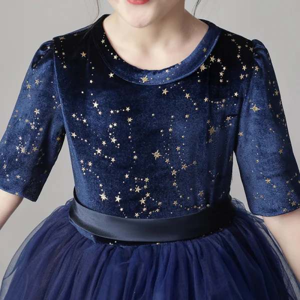 Chic / Beautiful Navy Blue Birthday Flower Girl Dresses 2020 Ball Gown Scoop Neck 1/2 Sleeves Sash Star Sequins Short Ruffle