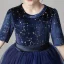 Chic / Beautiful Navy Blue Birthday Flower Girl Dresses 2020 Ball Gown Scoop Neck 1/2 Sleeves Sash Star Sequins Short Ruffle