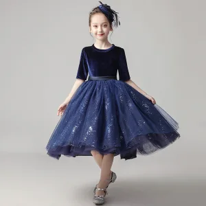 Chic Beautiful Navy Blue Velour Birthday Flower Girl Dresses 2020 Ball Gown Scoop Neck 1 2 Sleeves Sash Sequins Glitter Tulle Short Ruffle