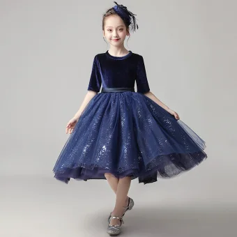 Chic Beautiful Navy Blue Velour Birthday Flower Girl Dresses 2020 Ball Gown Scoop Neck 1 2 Sleeves Sash Sequins Glitter Tulle Short Ruffle