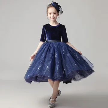 Chic Beautiful Navy Blue Velour Birthday Flower Girl Dresses 2020 Ball Gown Scoop Neck 1 2 Sleeves Sash Sequins Glitter Tulle Short Ruffle