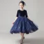 Chic / Beautiful Navy Blue Velour Birthday Flower Girl Dresses 2020 Ball Gown Scoop Neck 1/2 Sleeves Sash Sequins Glitter Tulle Short Ruffle
