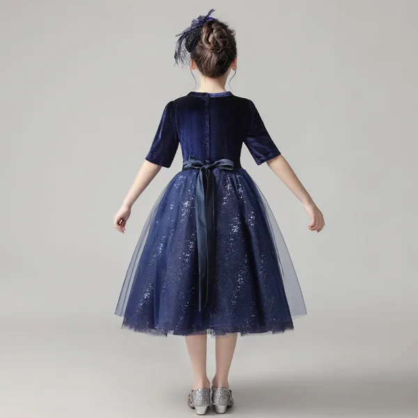 Chic / Beautiful Navy Blue Velour Birthday Flower Girl Dresses 2020 Ball Gown Scoop Neck 1/2 Sleeves Sash Sequins Glitter Tulle Short Ruffle
