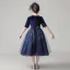 Chic / Beautiful Navy Blue Velour Birthday Flower Girl Dresses 2020 Ball Gown Scoop Neck 1/2 Sleeves Sash Sequins Glitter Tulle Short Ruffle