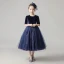 Chic / Beautiful Navy Blue Velour Birthday Flower Girl Dresses 2020 Ball Gown Scoop Neck 1/2 Sleeves Sash Sequins Glitter Tulle Short Ruffle
