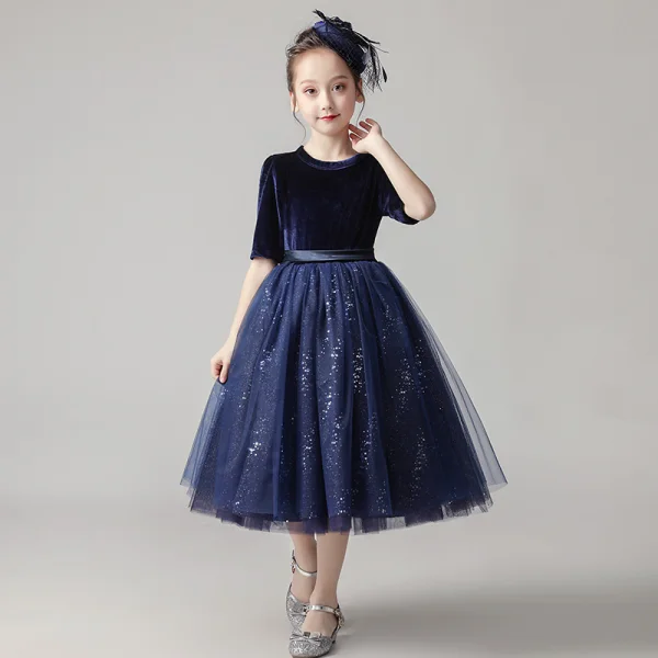 Chic / Beautiful Navy Blue Velour Birthday Flower Girl Dresses 2020 Ball Gown Scoop Neck 1/2 Sleeves Sash Sequins Glitter Tulle Short Ruffle