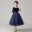 Chic / Beautiful Navy Blue Velour Birthday Flower Girl Dresses 2020 Ball Gown Scoop Neck 1/2 Sleeves Sash Sequins Glitter Tulle Short Ruffle