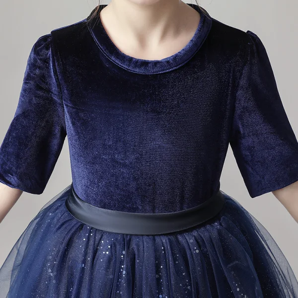 Chic / Beautiful Navy Blue Velour Birthday Flower Girl Dresses 2020 Ball Gown Scoop Neck 1/2 Sleeves Sash Sequins Glitter Tulle Short Ruffle