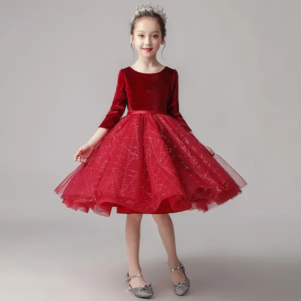 Chic / Beautiful Navy Blue Velour Birthday Flower Girl Dresses 2020 Ball Gown Scoop Neck 1/2 Sleeves Sash Sequins Glitter Tulle Short Ruffle