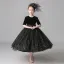 Chic / Beautiful Navy Blue Velour Birthday Flower Girl Dresses 2020 Ball Gown Scoop Neck 1/2 Sleeves Sash Sequins Glitter Tulle Short Ruffle