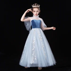 Chic Belle Bleu Ciel Transparentes Robe Ceremonie Fille 2020 Princesse Col Haut Manches Courtes Feuille Appliques En Dentelle Longue Volants