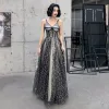 Sexy Black Gold See-through Evening Dresses  2020 Ball Gown Spaghetti Straps Sleeveless Glitter Star Floor-Length / Long Ruffle Backless Formal Dresses