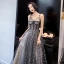 Sexy Schwarz Gold Durchsichtige Abendkleider 2020 Ballkleid Spaghettiträger Ärmellos Glanz Star Lange Rüschen Rückenfreies Festliche Kleider