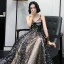 Sexy Schwarz Gold Durchsichtige Abendkleider 2020 Ballkleid Spaghettiträger Ärmellos Glanz Star Lange Rüschen Rückenfreies Festliche Kleider