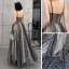 Sexy Schwarz Gold Durchsichtige Abendkleider 2020 Ballkleid Spaghettiträger Ärmellos Glanz Star Lange Rüschen Rückenfreies Festliche Kleider