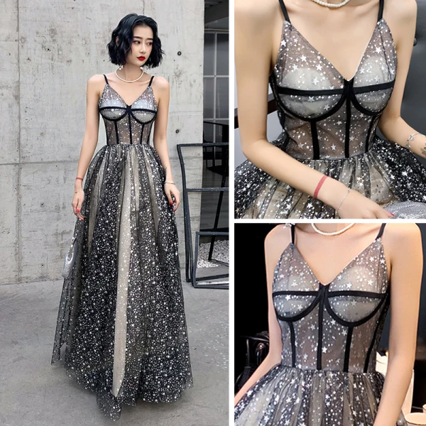 Sexy Schwarz Gold Durchsichtige Abendkleider 2020 Ballkleid Spaghettiträger Ärmellos Glanz Star Lange Rüschen Rückenfreies Festliche Kleider