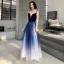 Sexy Royal Blue Gradient-Color White Suede Evening Dresses  2020 A-Line / Princess Deep V-Neck Spaghetti Straps Sleeveless Glitter Tulle Floor-Length / Long Ruffle Backless