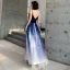 Sexy Royal Blue Gradient-Color White Suede Evening Dresses  2020 A-Line / Princess Deep V-Neck Spaghetti Straps Sleeveless Glitter Tulle Floor-Length / Long Ruffle Backless