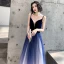 Sexy Royal Blue Gradient-Color White Suede Evening Dresses  2020 A-Line / Princess Deep V-Neck Spaghetti Straps Sleeveless Glitter Tulle Floor-Length / Long Ruffle Backless
