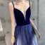 Sexy Royal Blue Gradient-Color White Suede Evening Dresses  2020 A-Line / Princess Deep V-Neck Spaghetti Straps Sleeveless Glitter Tulle Floor-Length / Long Ruffle Backless