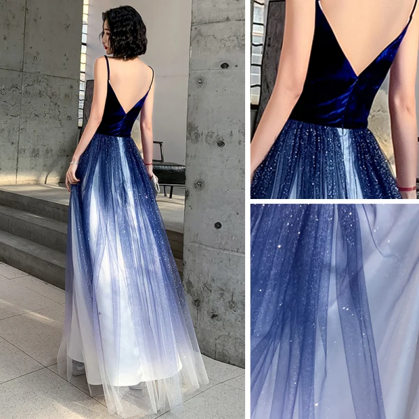 Sexy Royal Blue Gradient-Color White Suede Evening Dresses  2020 A-Line / Princess Deep V-Neck Spaghetti Straps Sleeveless Glitter Tulle Floor-Length / Long Ruffle Backless
