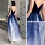Sexy Royal Blue Gradient-Color White Suede Evening Dresses  2020 A-Line / Princess Deep V-Neck Spaghetti Straps Sleeveless Glitter Tulle Floor-Length / Long Ruffle Backless