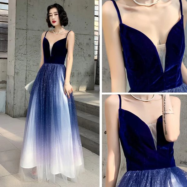 Sexy Royal Blue Gradient-Color White Suede Evening Dresses  2020 A-Line / Princess Deep V-Neck Spaghetti Straps Sleeveless Glitter Tulle Floor-Length / Long Ruffle Backless